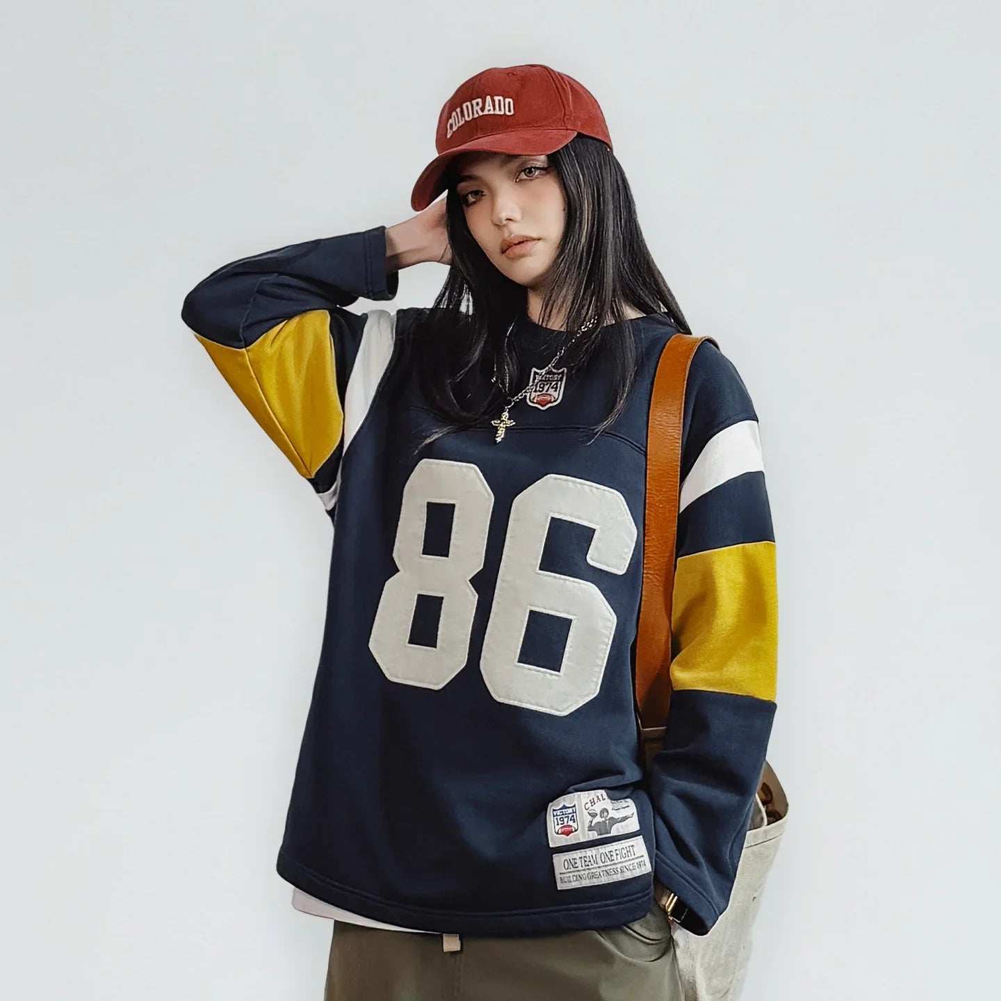 Maden Women’s Retro Embroidered Rugby Pullover Sweatshirt Mid-length Baggy Thick Outerwear Cozy Spring Fall Female Top