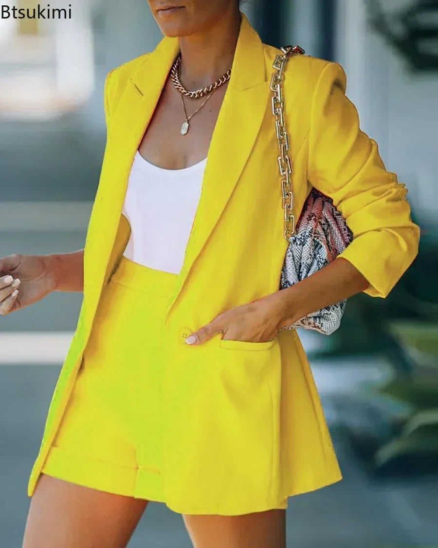 2026 Elegant Two Piece Blazer Suit Sets Women OL Office Sets Slim Cardigan Blazer Shorts Solid 2 Piece Set Casual Blazers Set