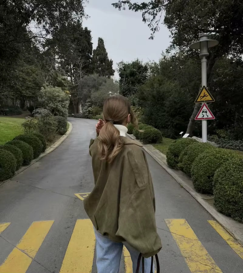 ETJ 2025  Spring new women's suede texture effect Loose version of fashion lapel shoulder bomber jacket