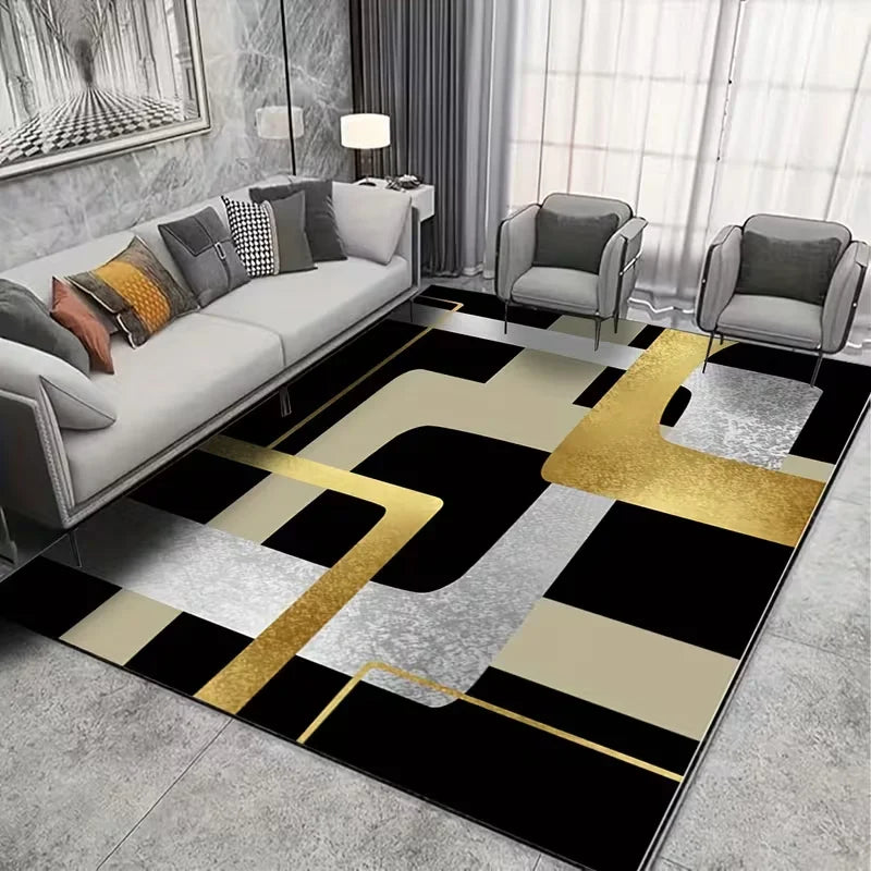 This Is a Large Area Rug with a Black Base Featuring a Geometric Pink Oval Texture Made of Golden Diamond Carpets