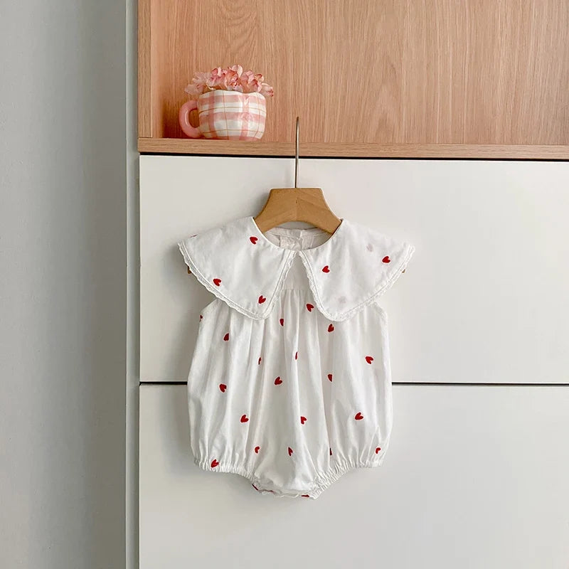2026 New Summer Newborn Baby Girl Jumpsuit 0-24M Baby Girl Clothing Sleeveless Cotton Heart Print Princess White Rompers