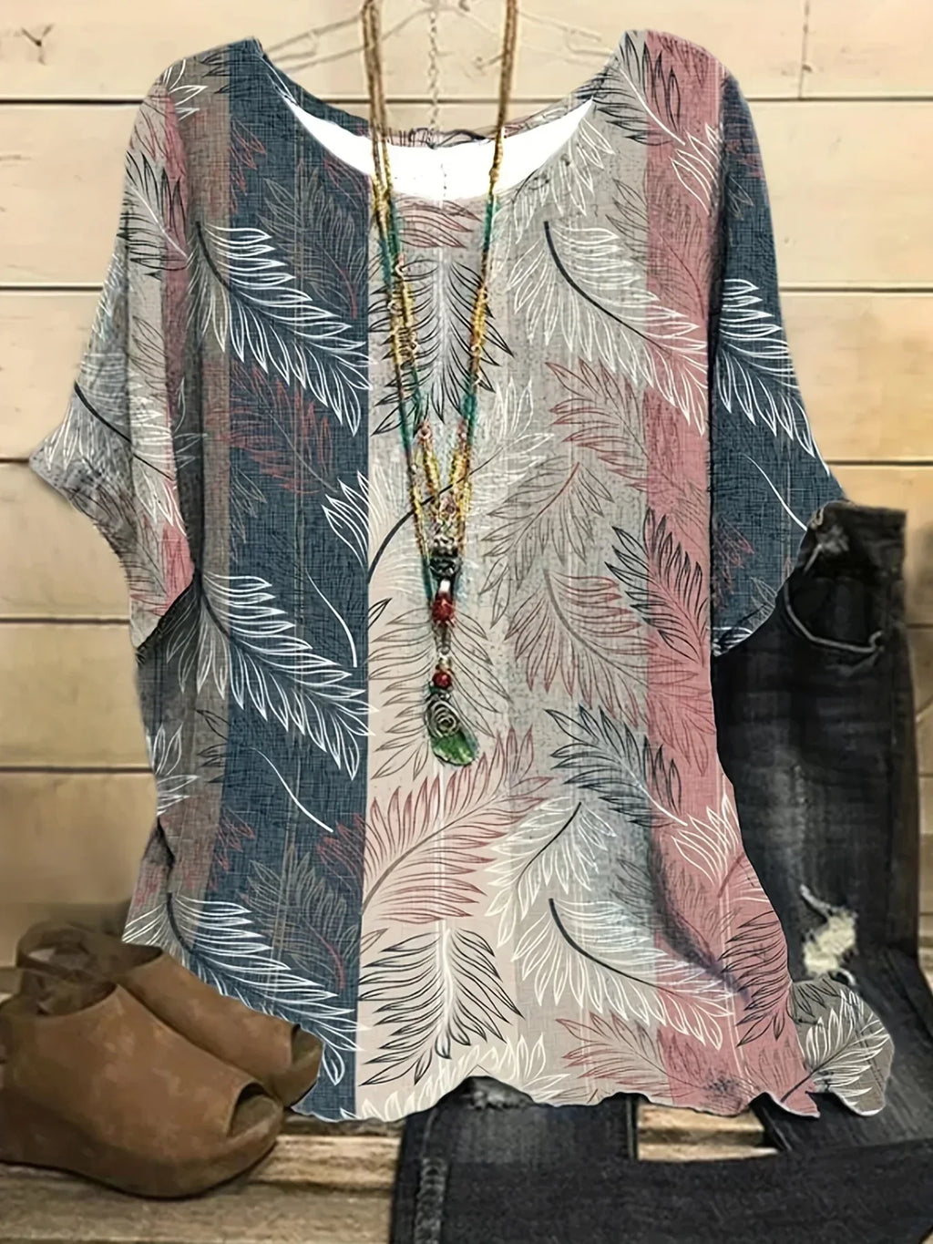 Plus Size Casual Top, Women's Plus Colorblock Leaf Print Short Sleeve Round Neck Tee