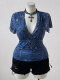 New Plus Size Paisley Print Deep V-Neck Slim Waist Short Flutter Sleeves Top Blue-Black Retro Y2K Clothes Big Size Women T-Shirt