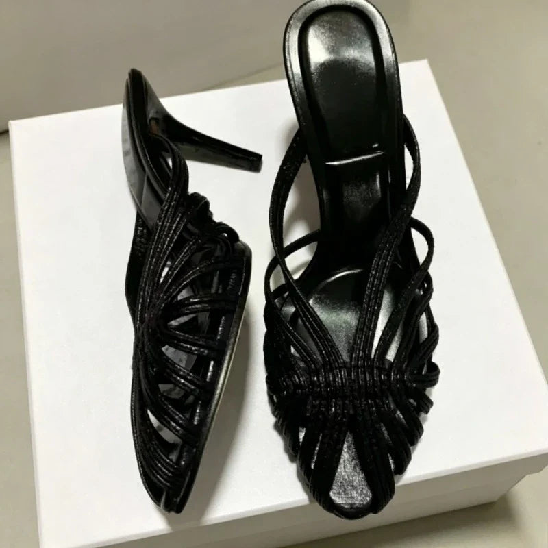 Gold Shiny Luxury Mules Heeled Sandals Women Weave Rome Heels for Ladies Banquet Dress Shoes Fashion Retro Slippers Women Slides