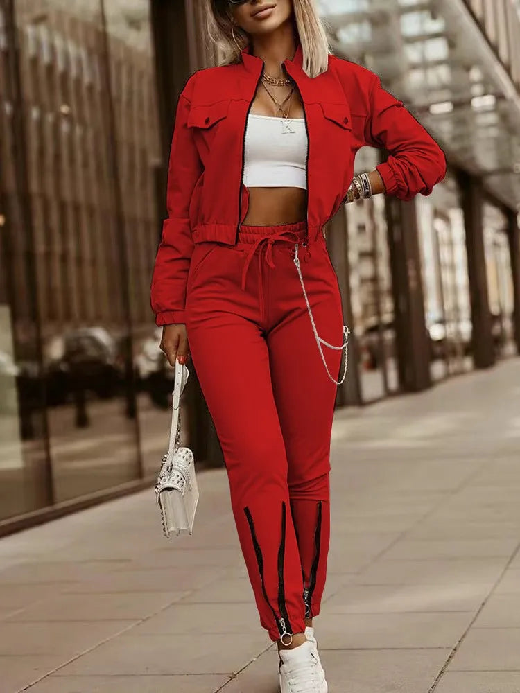 Autumn Women's New Zipper Short Long Sleeve Suit Solid Color Fashion Lace Up Casual Sports Small Foot Pants Female 2 Piece Set
