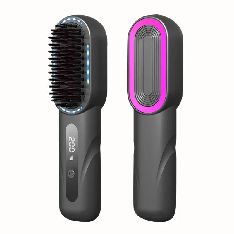 Electric LCD Usb Ceramic Heating Straight Hair Comb Wireless Portable Negative Ion Styling Tool Rechargeable Straightening Brush