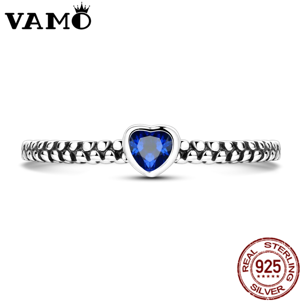 VAMO Original 925 Sterling Silver Woman Ring Vintage Dew Pearl Blue Heart Rings Sparkling Wedding Ring Girls Jewelry Anniversary