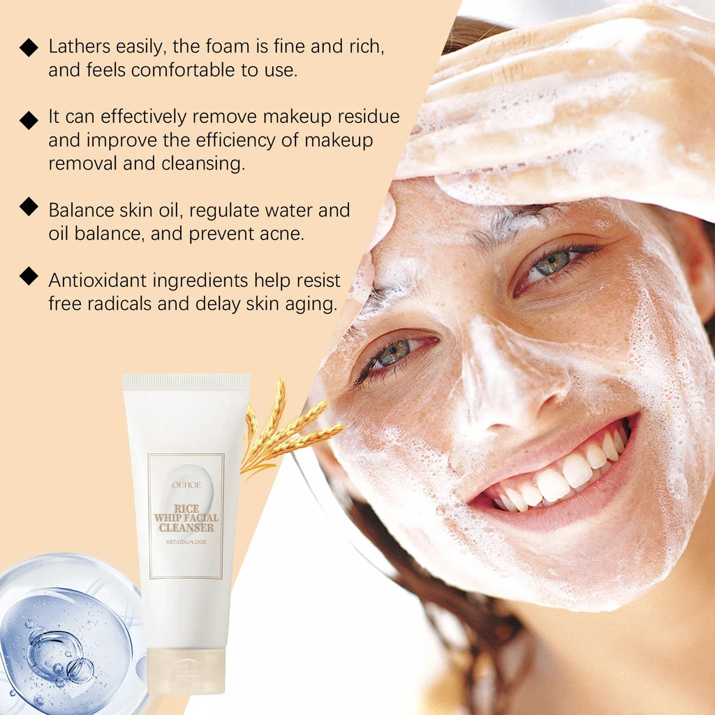 Rice Milk Cleansing Foam 120g Gentle Facial Wash Deep Cleanse Rice Extract Hydrating Non Drying Rich Lather for Soft Bright Skin