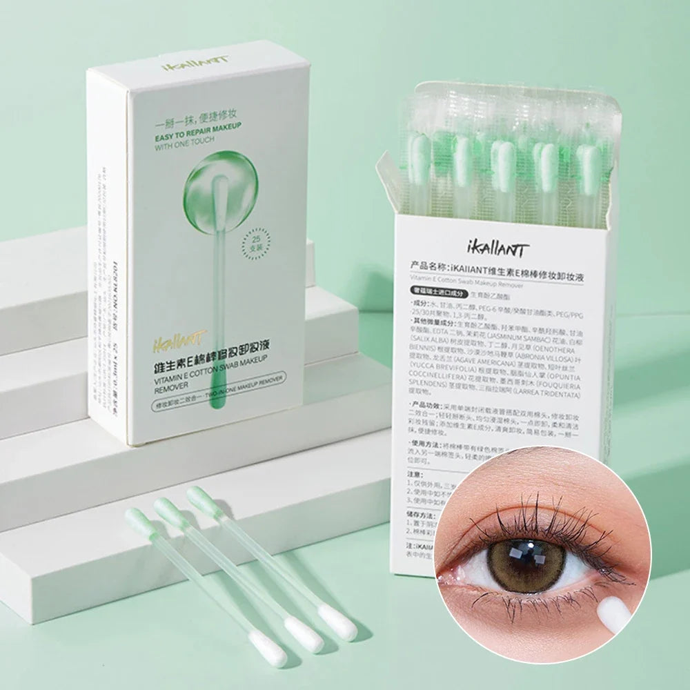 ikAllANT Makeup Remover Cotton Swabs - 25 pieces-Pre-soaked with Cleansing Liquid, Foldable for Instant Use, Beauty Cleaning,