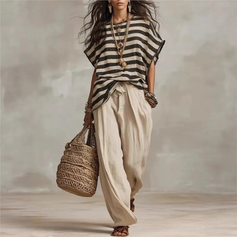 Fashion Striped Print Loose Two Piece Sets Women Casual Short Sleeve Top High Waist Wide Leg Pants Suit Summer Vacation Outfit