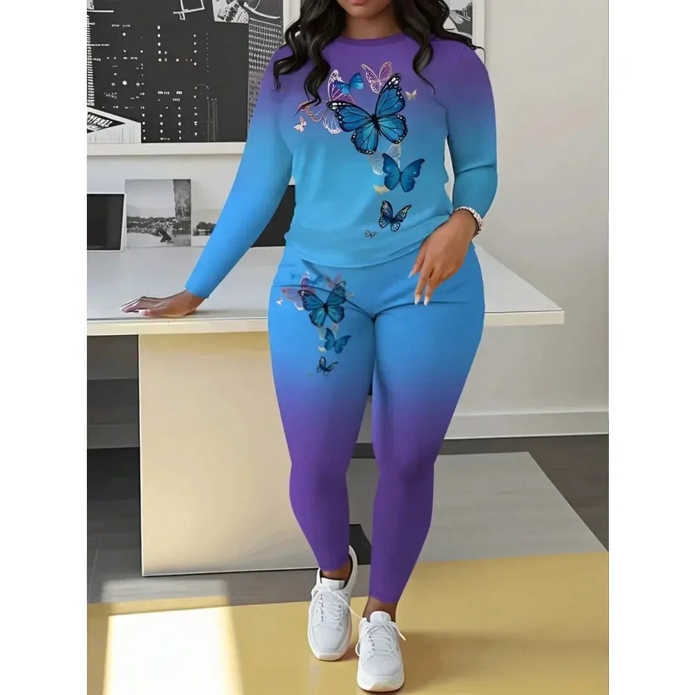 Plus Size 1XL-5XL Women's Fashion Round Neck Printed Long Sleeve T-shirt Top & Printed Pants Two Piece Set