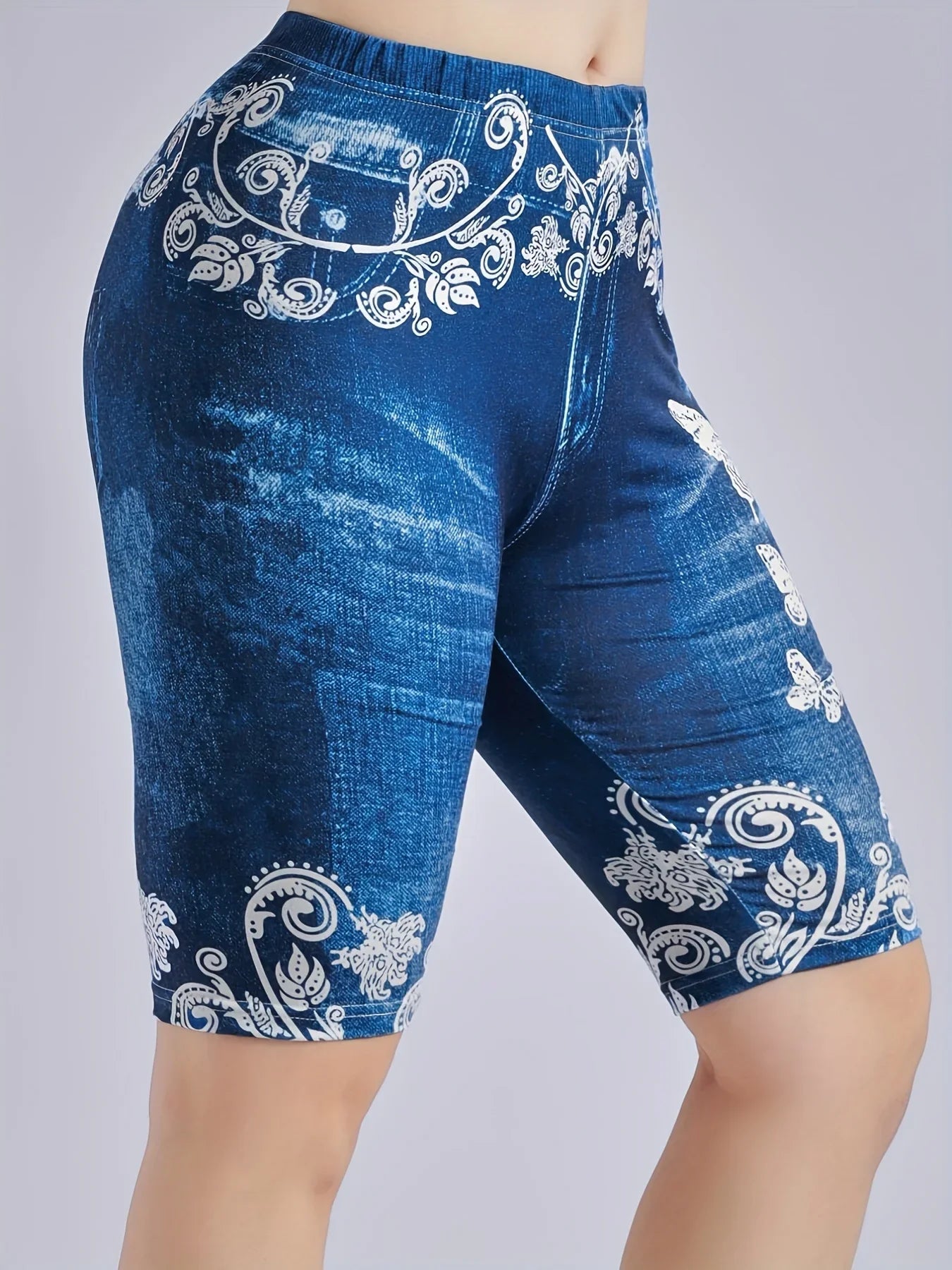 Lmitation Denim Leggings For Women Butterfly Waist Fruit Flower Elastic Shorts High Waist Casual