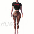 HLJ&GG Y2K Fashion Letter Print Slim Top Two Piece Sets Women O Neck Short Sleeve Crop Tshirts And Leopard Print Pants Outfits