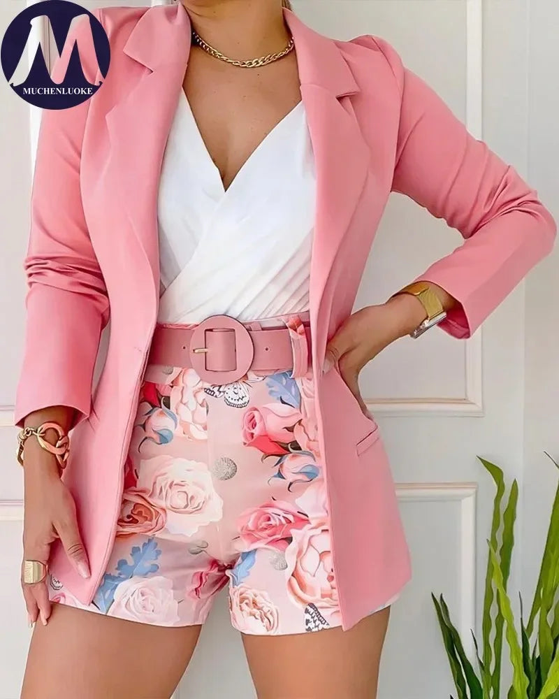 Set Woman 2 Pieces Spring Summer New Korean Fashion Casual Long Sleeve Blazer Coats Suits Elegant Printing Belt Shorts Sets