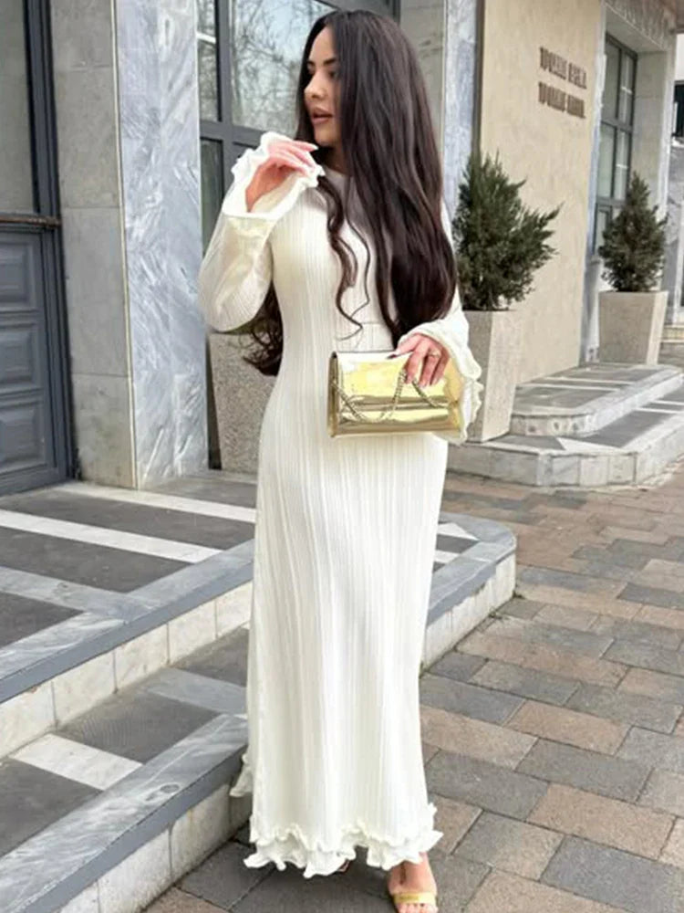 Trendix Knit Elegant Ruffle Maxi Dress Women Summer High Waist Long Sleeve Lace Up Dresses Casual Sexy Backless Knitwear Dress