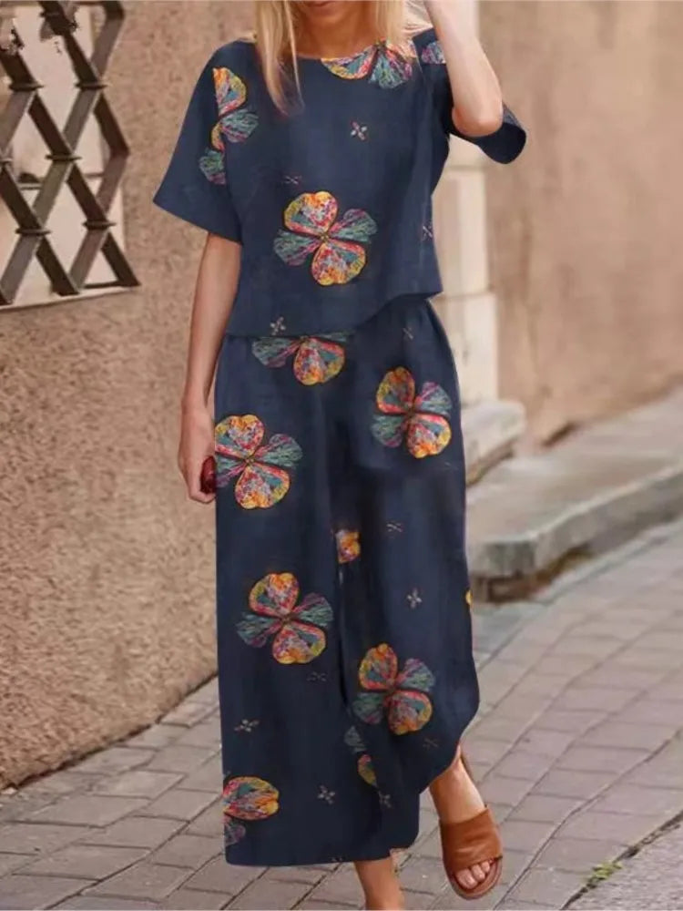 Autumn New Women's Fashion Printed Cotton Linen Plant Flower Three Sleeve Short Sleeved Casual Nine Piece Pants Two-piece Set