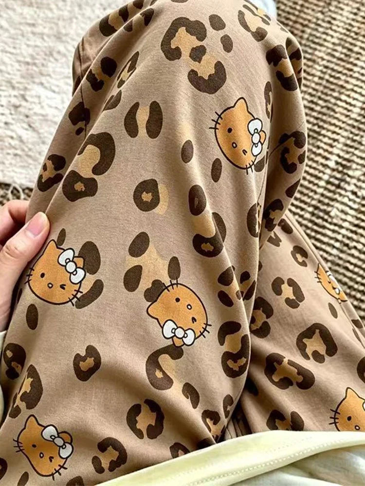 Cartoon Hello Kitty Spring Summer Leopard Print Wide Leg Pajama Pants Soft Casual for Women Loungewear Long Or Short Options