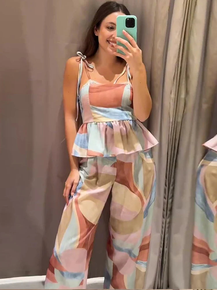 Print Lace Up Waist Cinching Top Pants Suits Women Sexy Spaghetti Strap Sleeveless Backless Slim Tops Wide Leg Trousers New Sets