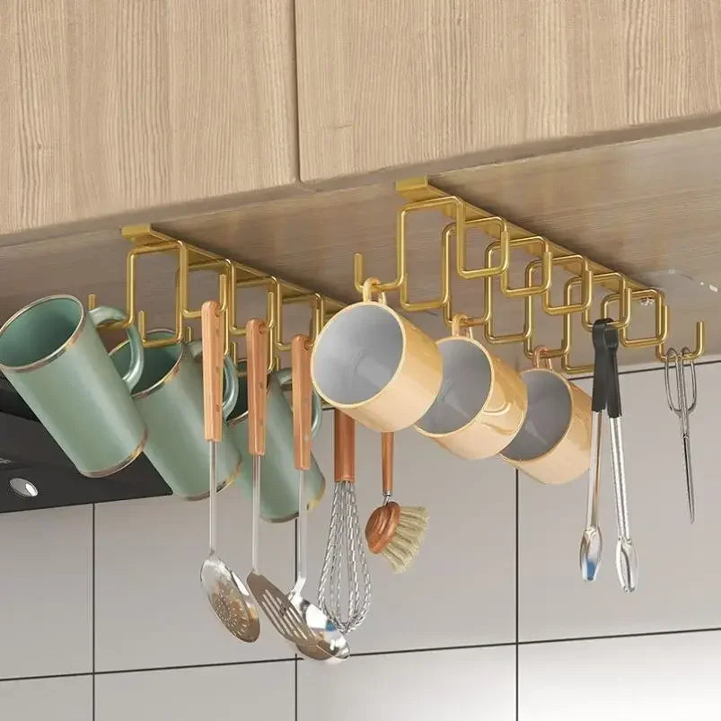 Punch-free Double-row Hooks Kitchen Cupboard Under Shelf Mug Cup Hanger Hook Iron Hanging Rack Holder Kitchen Cabinet Organizer