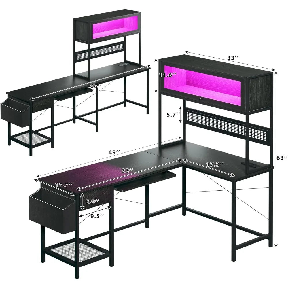 L Shaped Gaming Desk with Power Outlets & LED Lights, 49'' Reversible Computer Desk with Hutch & Pegboard & Display Cabinet