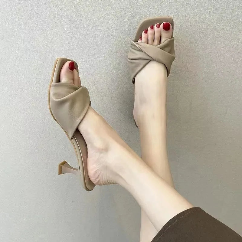 Summer Fashion Simple Ladies Slippers Dew Feet High Heels Solid Color Comfortable Casual SlippersFashion Slippers
