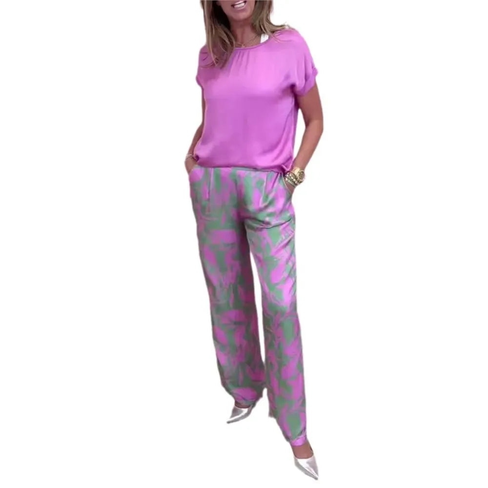 Casual O Neck Short Sleeved T Shirt Shirt Printed Trousers 2 Piece Spring Summer Elegant Women's Fashion Pocket Pants Office Set