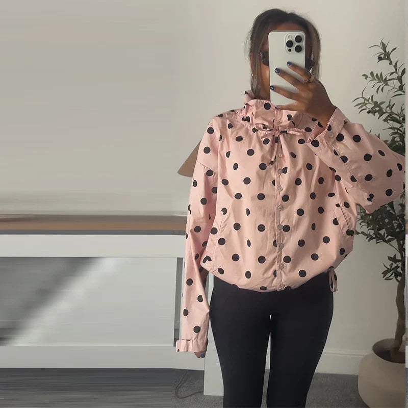 Casual Polka Dot Drawstring Jacket Women Lace Up Stand Collar Full Sleeve Single Breast Jacket 2026 Spring Lady Commute Coat New
