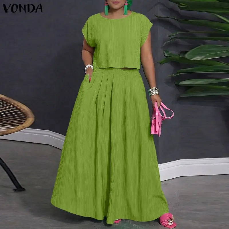 VONDA Women Plus Size Sets Elegant 2PCS Solid Color Two-piece Outfits Short Sleeve Summer Tops Long Skirts Streetwear Dress Sets