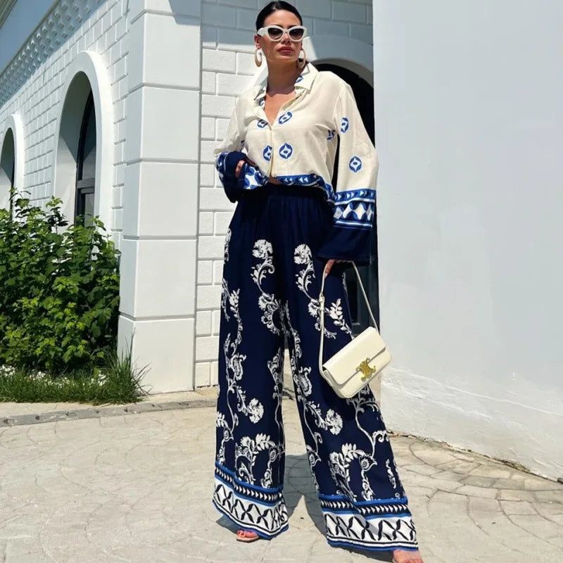 2024 Spring New Printed Pants Sets Women Fashion Casual Loose Long Sleeve Shirts Wide Leg Trousers Two Piece Set Female Clothing
