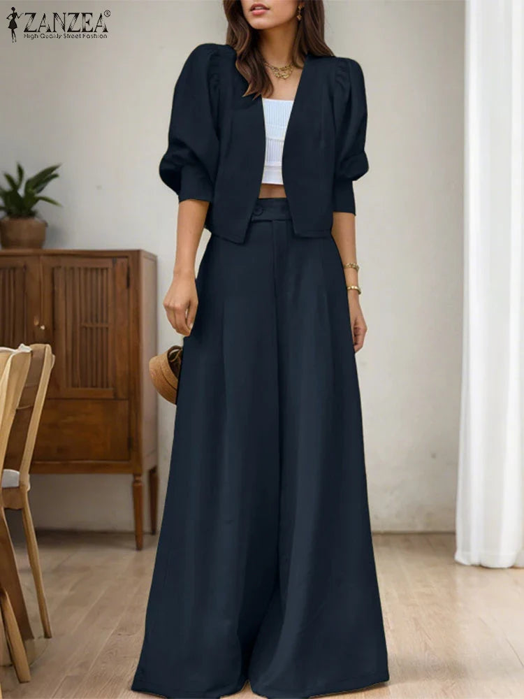 ZANZEA Elegant 2pcs Women Pant Sets Long Sleeve Cardigan Suit and High Waist Wide Leg Pants 2025 Fashion Solid Two-piece Outfits