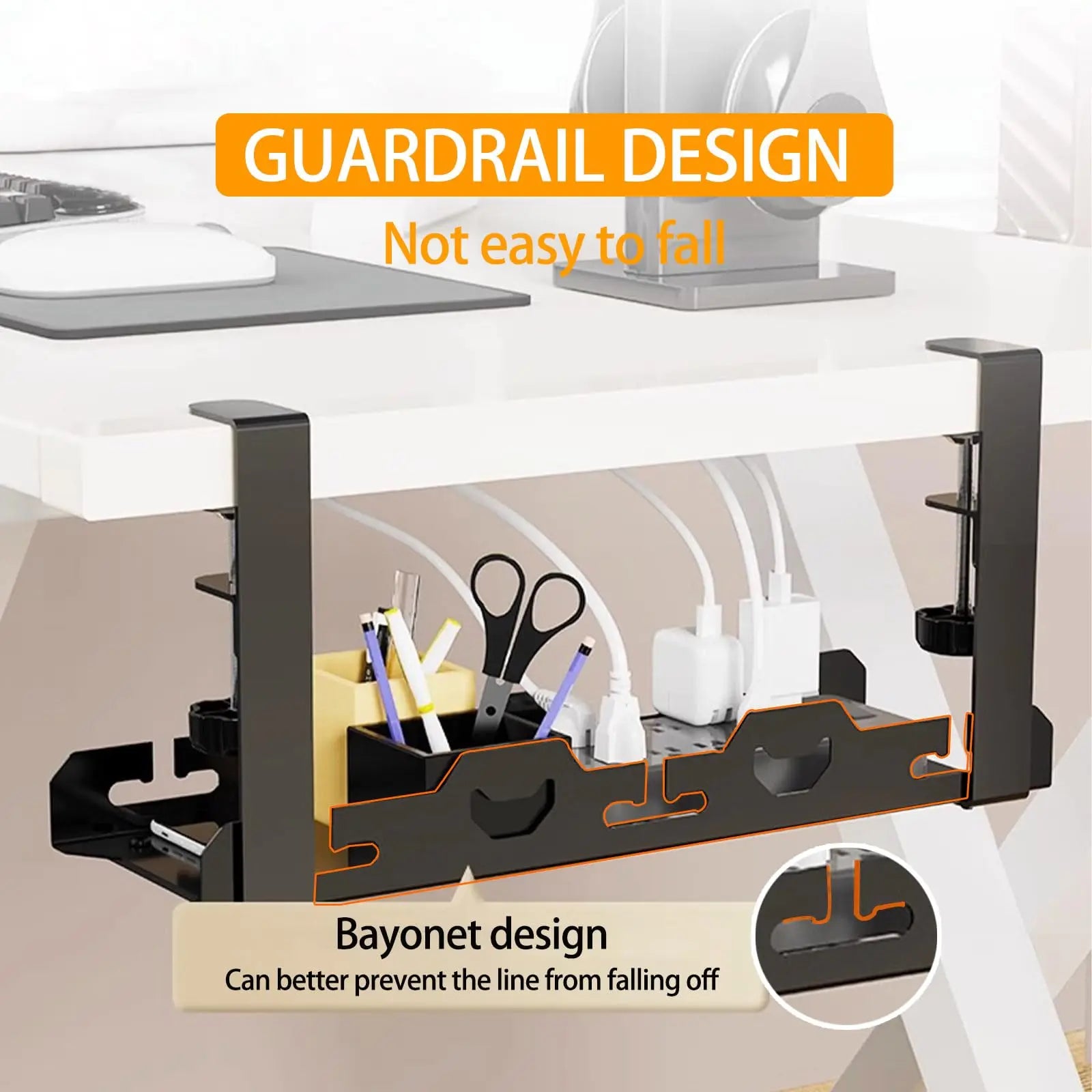 No Drilling Extendable Under Desk Cable Management Metal Cable Tray Under Desk With Clamp Retractable Power Strip Cord Holder