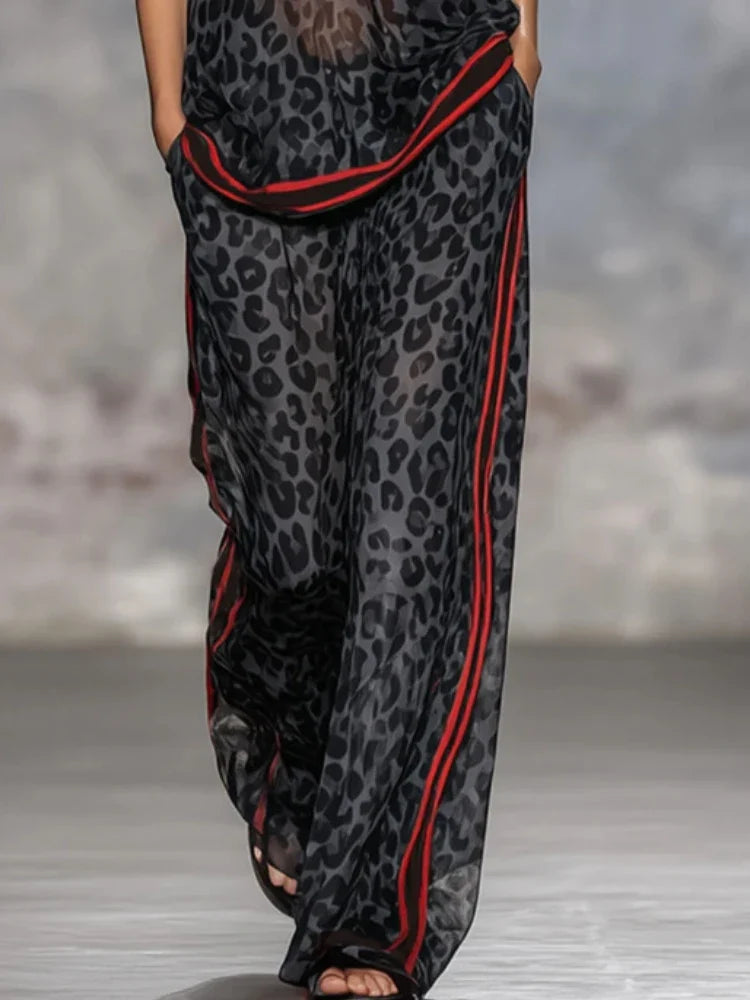 Women's Leopard Print Two Piece Outfit - Short Sleeve V-Neck Top & Wide Leg Pants Set Red Striped Trim Semi-Sheer Chiffon Set