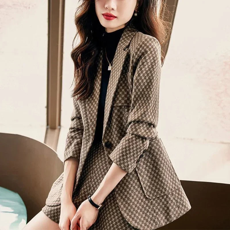 Autumn Winter Women's Elegant Fashion Printed Slim Blazers High Waist Shorts Set Ladies Long Sleeve Casual Coat Short Pants Suit
