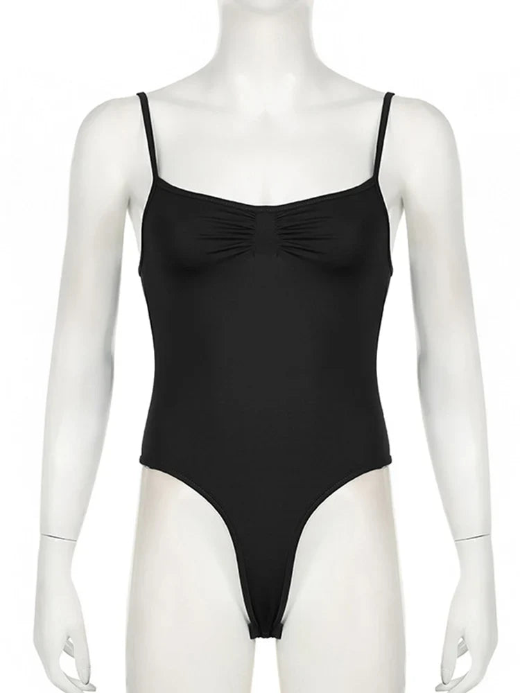 Sweetown Women's Sleeveless Skinny Shirring Bodysuit Black Spaghetti Strap Solid Simple Basic Sexy Camisole for Vacation