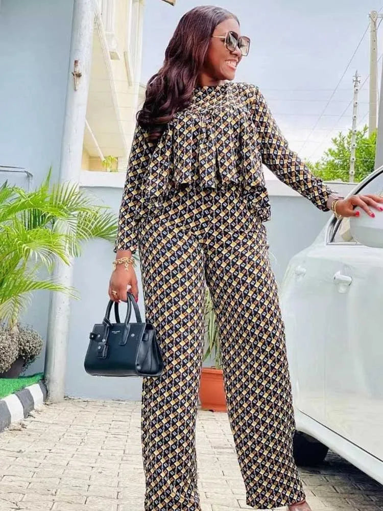 New in Matching Sets Autumn Long Sleeve Plus Size Women 2 Piece Sets Plaid Blouse and Pants Suits Elegant Lady Wear Outfits