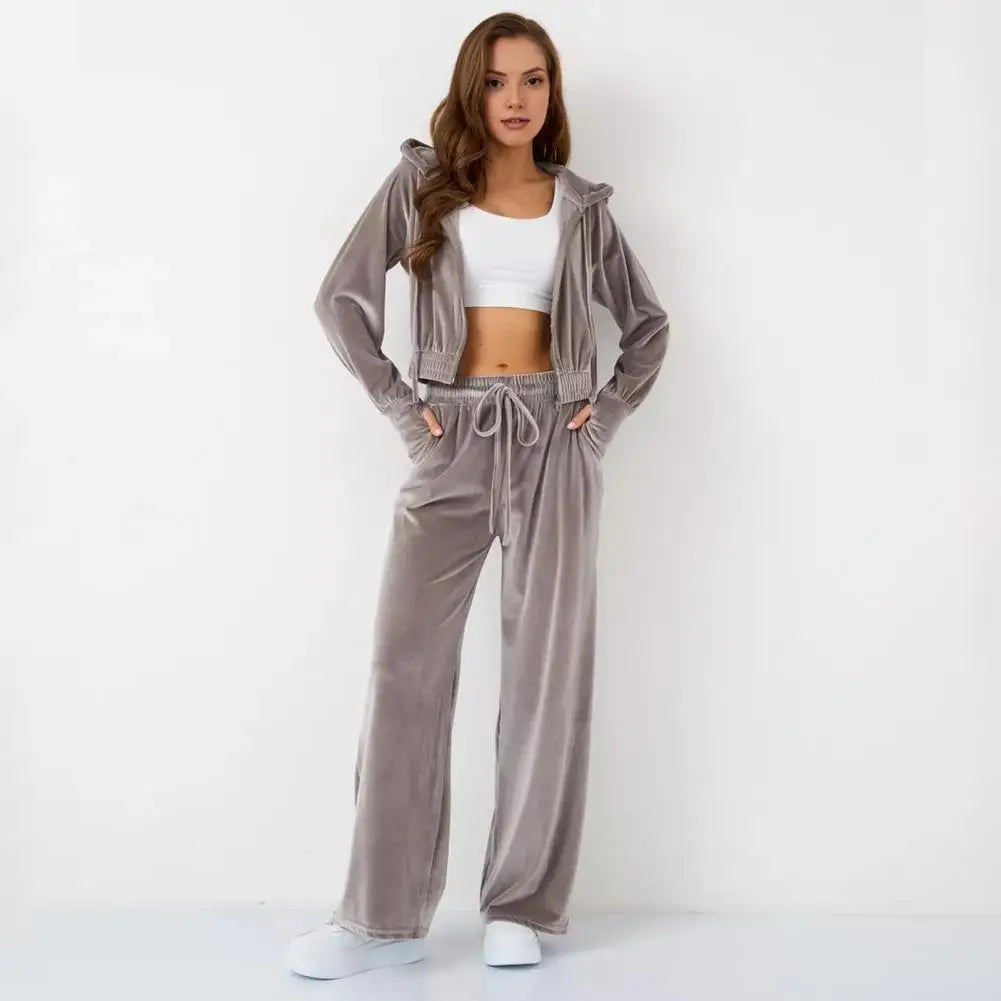 Womens 2 Piece Velour Tracksuit Soft Velvet Hoodies Outfits Athletic Zip Up Jacket And Wide Leg Pants Sweatsuit Set
