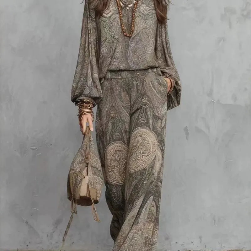 Boho Paisley Print Two-Piece Set for Women Sexy V-Neck Long Sleeve Blouse Top Wide Leg Pants Summer Casual Loose Suit Female Set