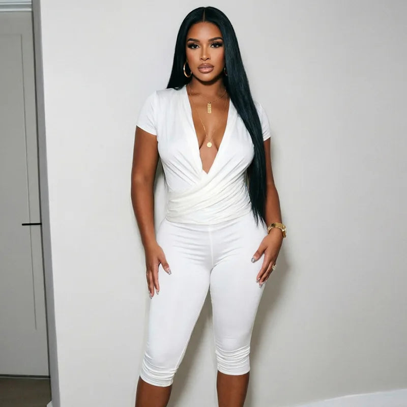 Stylish Lady Cross V Neck Ruched Short Sleeve Two Piece Set High Waist Capri Pants 2026 Women Solid Bodycon Casual Tracksuit