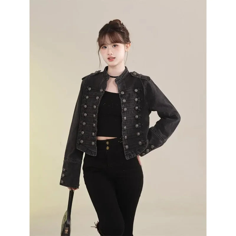 Women's American Retro Denim Military Inspired Cropped Jacket Long Sleeve Stand Collar Casual Motorcycle Coat