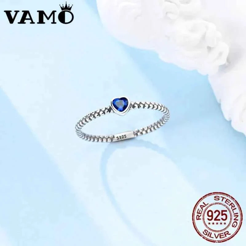 VAMO Original 925 Sterling Silver Woman Ring Vintage Dew Pearl Blue Heart Rings Sparkling Wedding Ring Girls Jewelry Anniversary