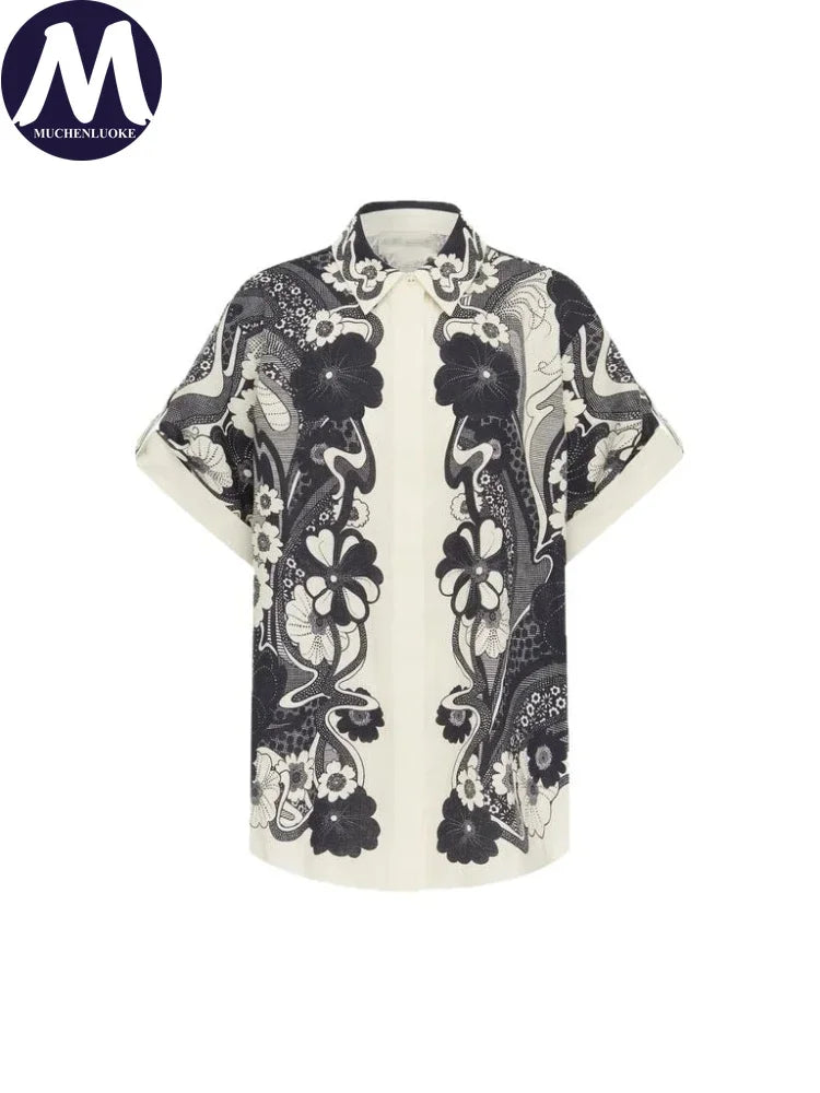 Women's Summer Versatile 2-Piece Set Printed Short Sleeve Shirt Top with Loose Wide Leg Pants Casual Fashion Outfit