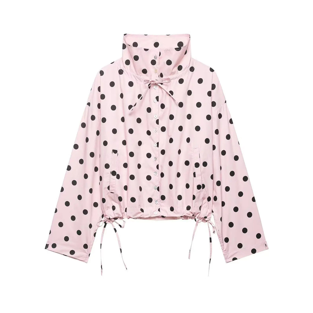 HH Women Elegant Fashion Polka Dot Pink Jacket Single Breasted High Collar Drawstring Coat Spring Lady Trend Street Outwear