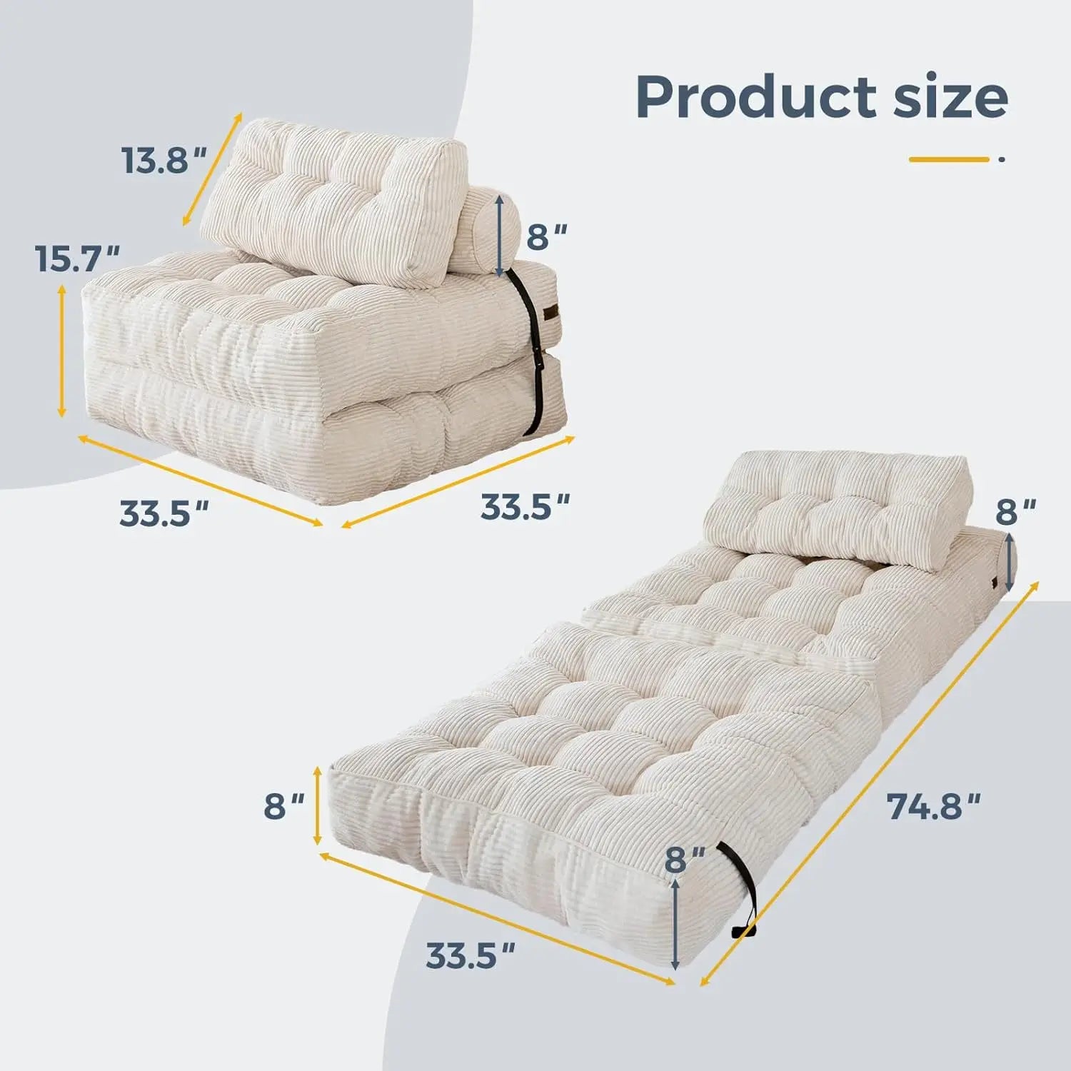 Folding Sofa Bed, Convertible Sleeper Chair with Pillow Foldable Matress, Portable Fold Out Chair Bed Comfy Floor Sofa Lounge