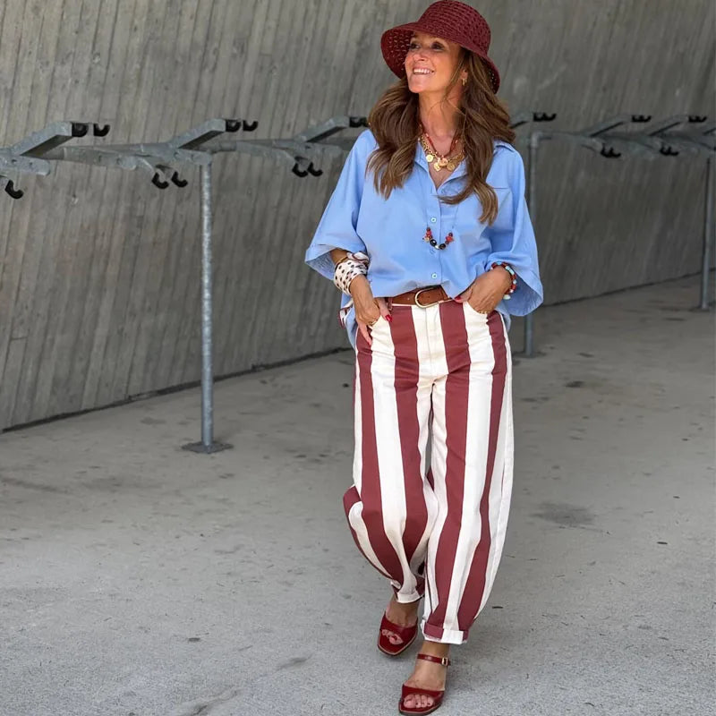 HXAO Women's Jeans Striped Denim Pants Women's High-waisted Jeans Baggy Wide Leg Long Trousers Casual Streetwear Female Bottoms
