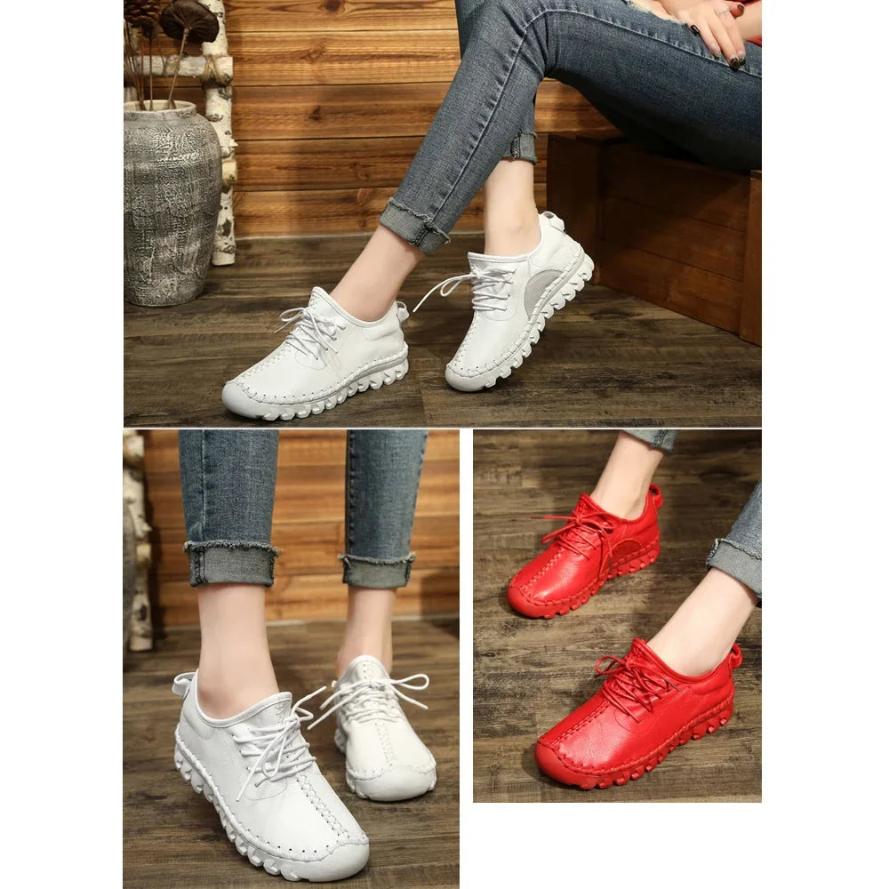 Handmade Genuine Leather Women Shoes Fashion Casual Sneakers Retro Flats Ladies Lacing Loafers Breathable Vulcanized Shoes