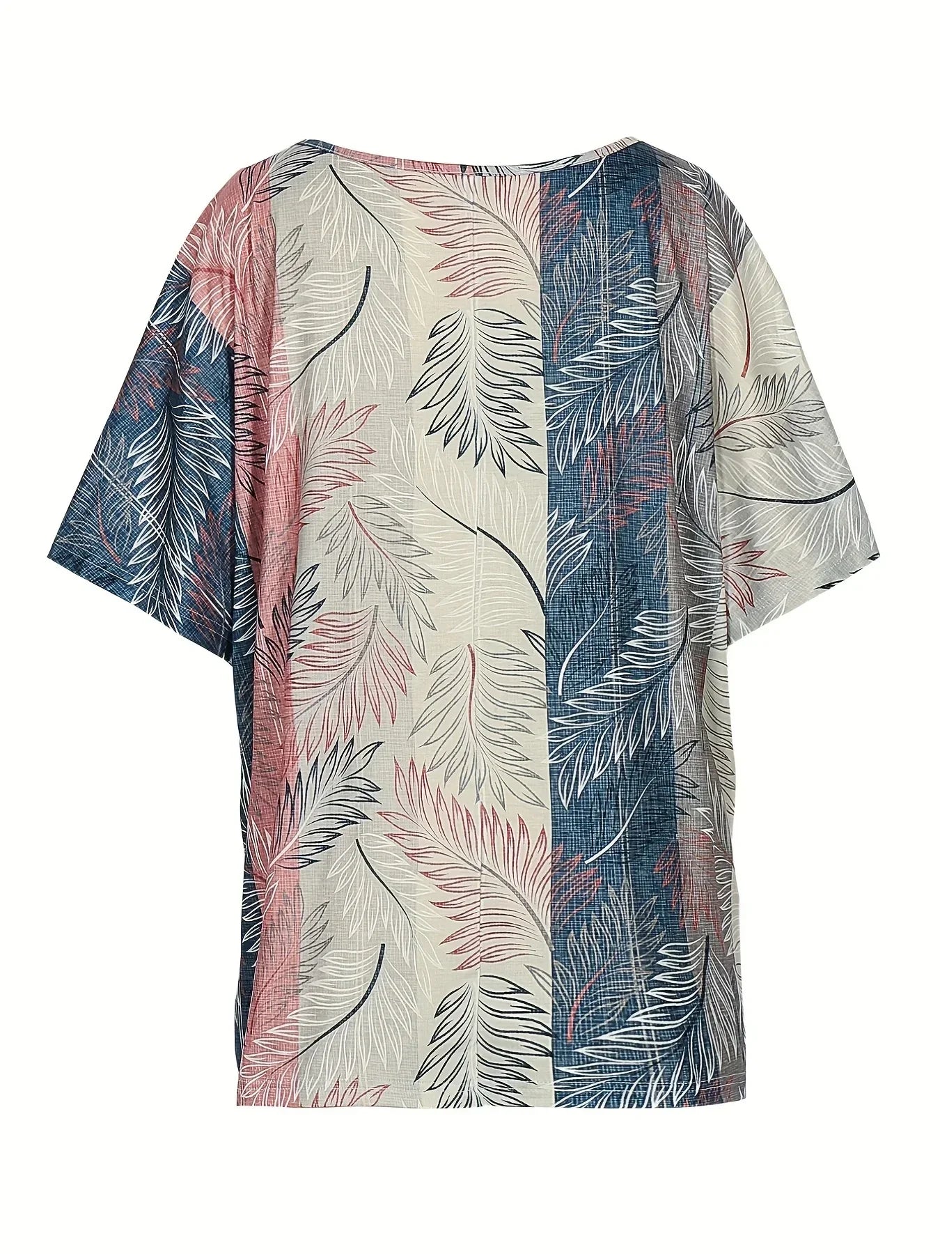 Plus Size Casual Top, Women's Plus Colorblock Leaf Print Short Sleeve Round Neck Tee