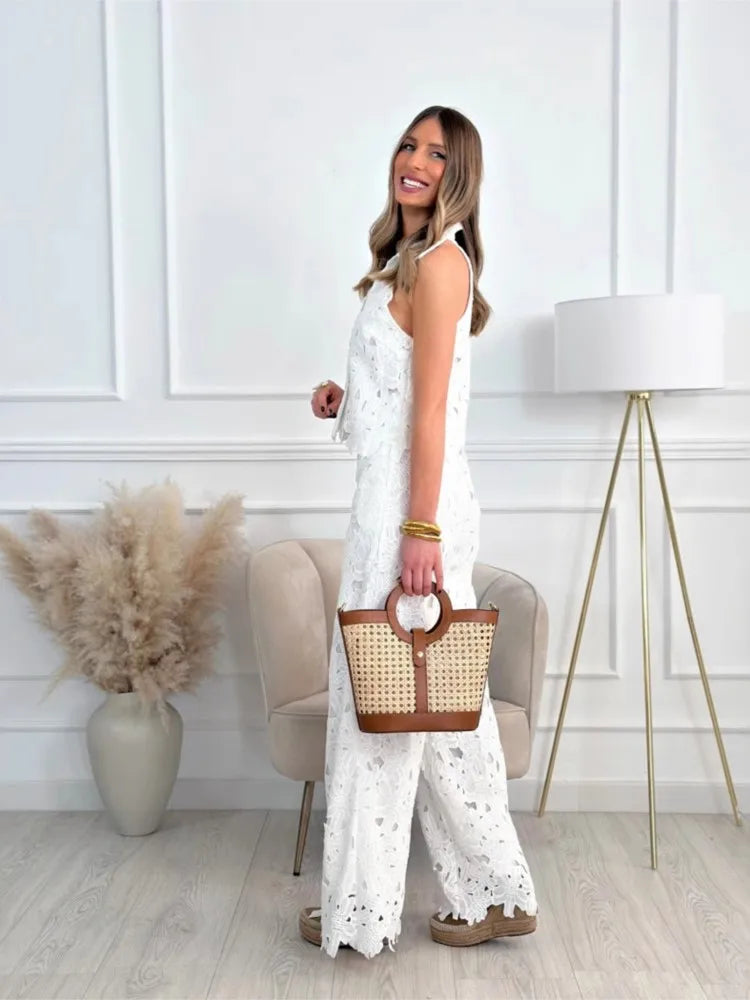 Fashion Lace Embroidered Cardigan Vest Tops + Wide-leg Trousers 2-piece Summer New Chic Elegant Women OfficeLong Pants Suit 2025