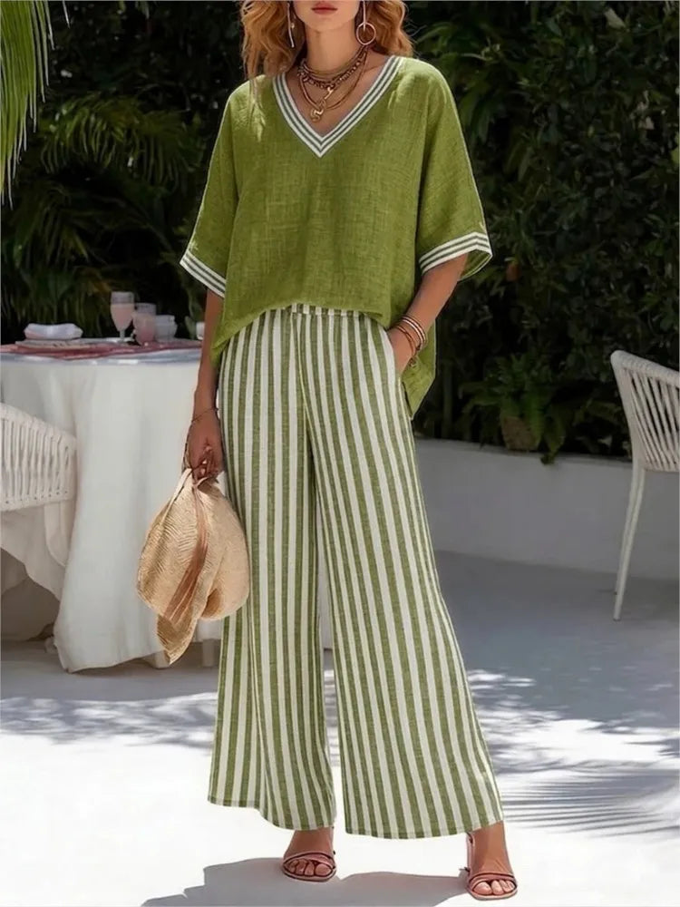 V-neck Short-sleeved Tops Striped Wide-leg Pants Two-piece Set 2026 Spring Summer New Women's Fashion Casual Loose Two-piece Set