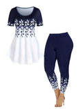 Plus Size Ladies Hit Casual Flower Color Printing Large Size Round-Necked Short-Sleeved T-Shirt Printed Pants Two-Piece Set