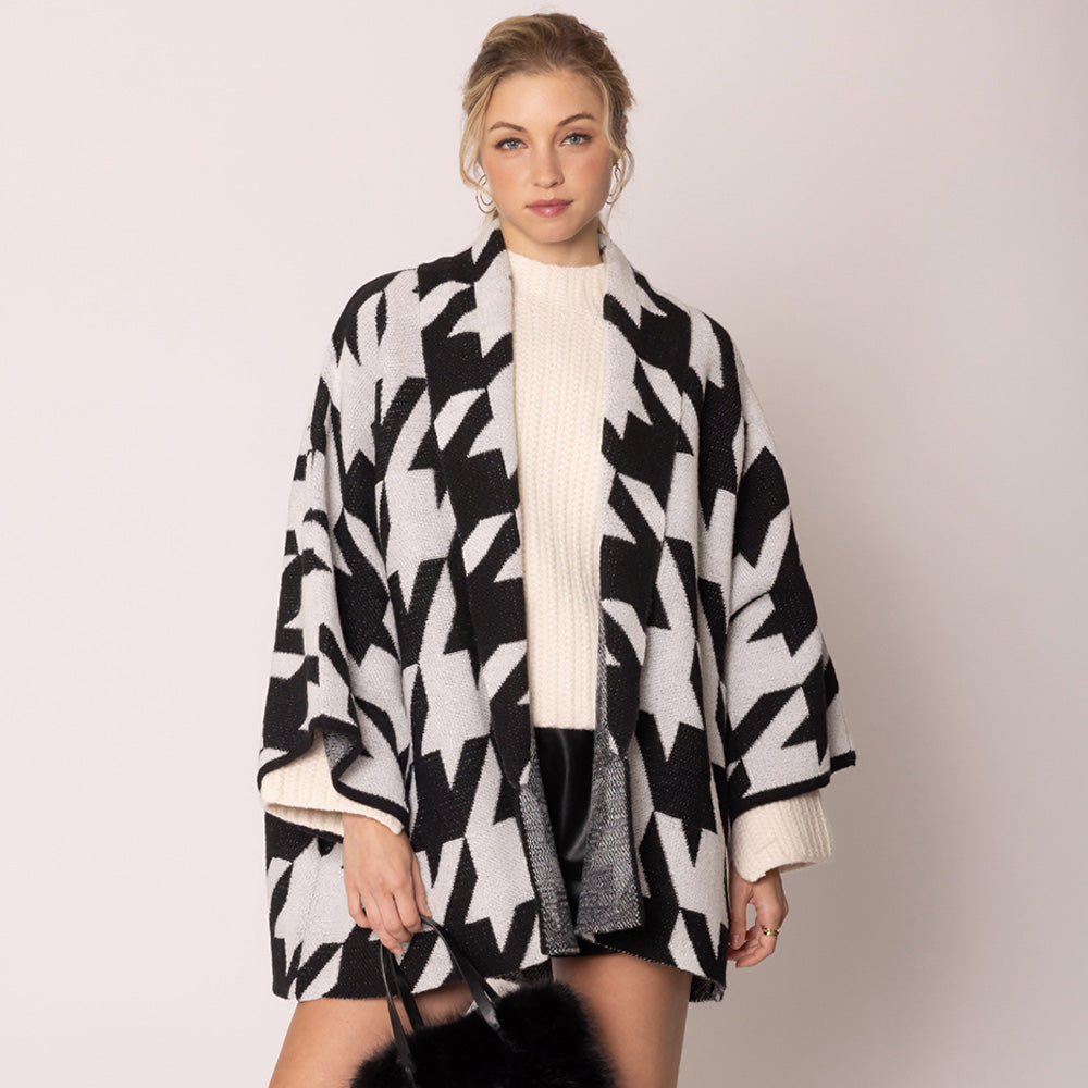 Open Front Houndstooth Knit Pattern Cardigan